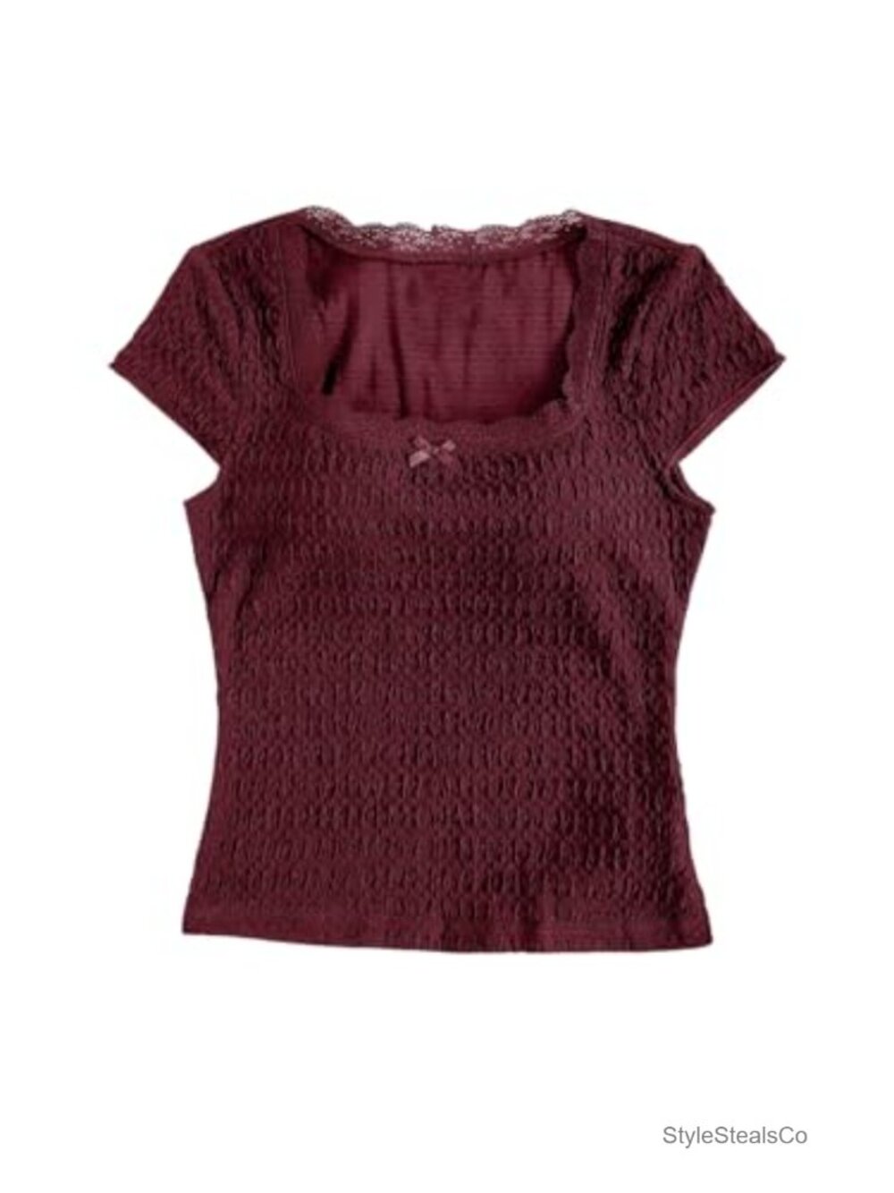 Lace Trim Bow Front Square Neck Cap Sleeve Slim Fit Tee